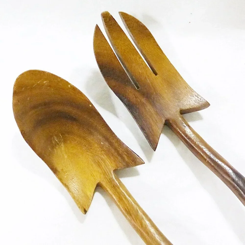 Vintage teak wood fork‎ and spoon serving set salad handcrafted rustic farmhouse